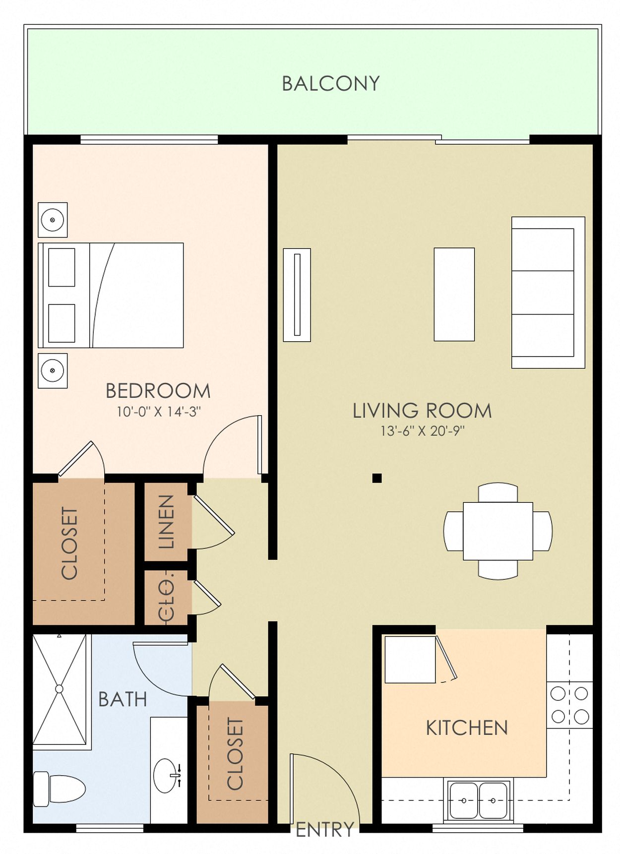 Floor plan for 1 bed, 1 bath, 703 sqft