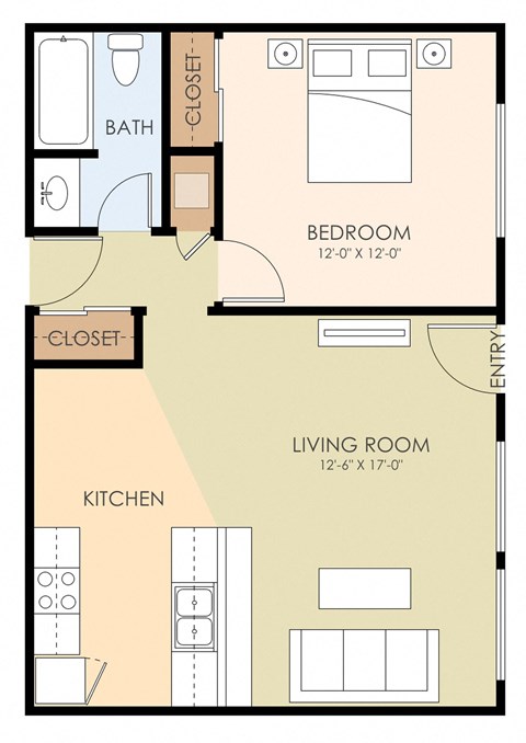 Floor plan for 1 bed, 1 bath, 641 sqft