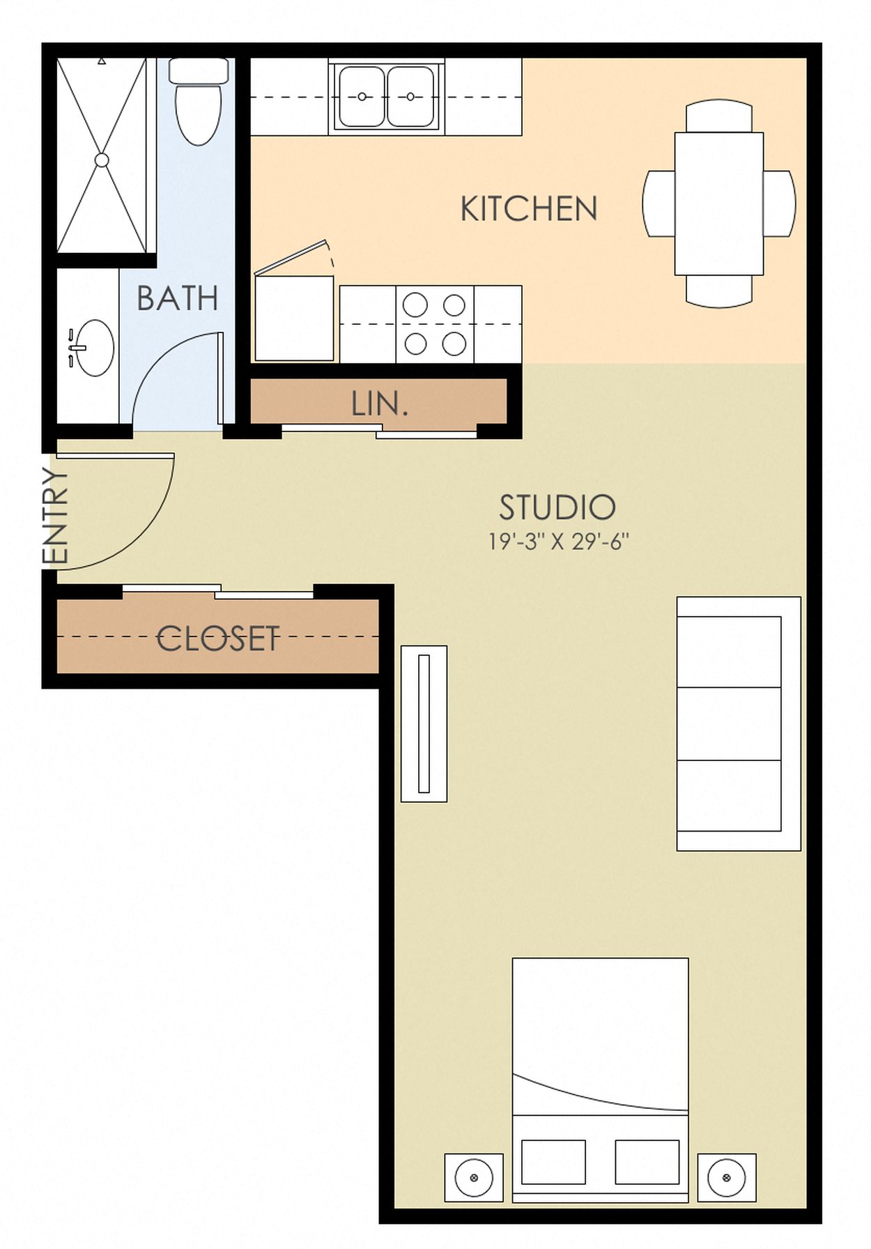 Floor plan for studio, 1 bath, 500 sqft