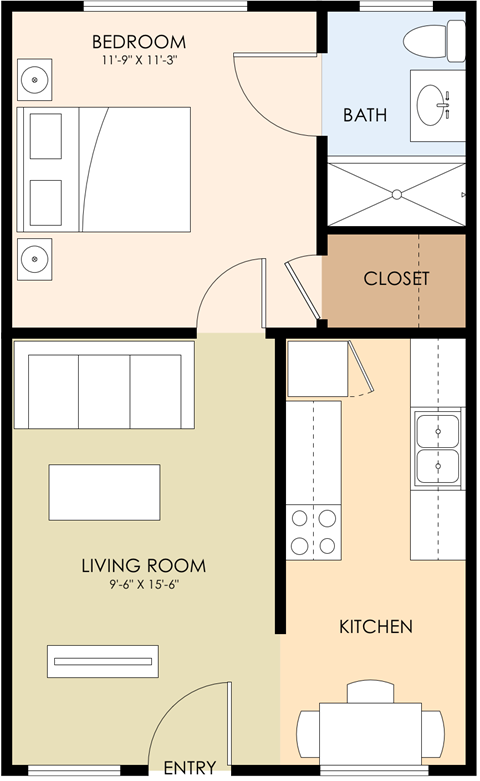 Floor plan for 1 bed, 1 bath, 464 sqft