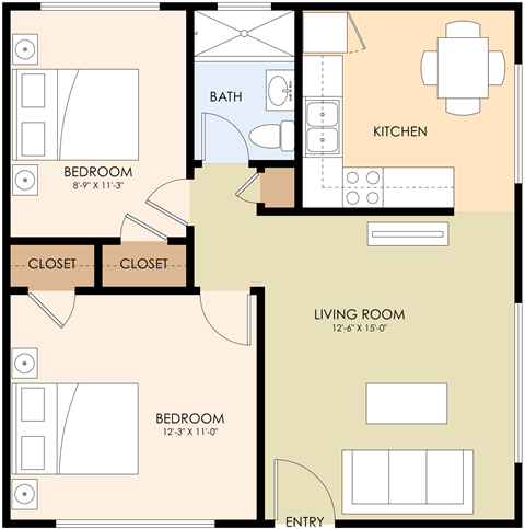 Floor plan for 2 beds, 1 bath, 800 sqft