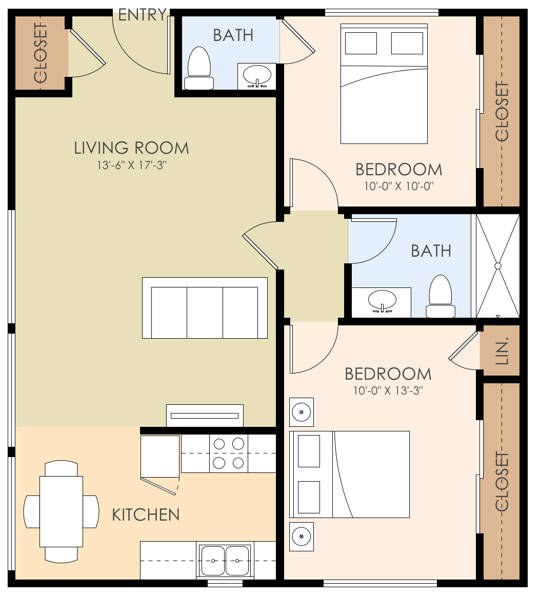 Floor plan for 2 beds, 1.5 baths, 770 sqft