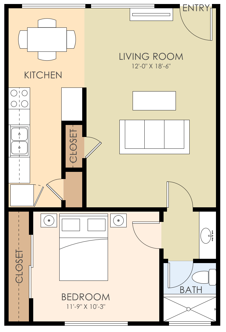 Floor plan for 1 bed, 1 bath
