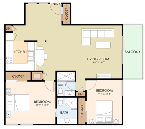Floor plan for 2 beds, 2 baths