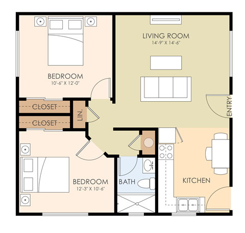 Floor plan for 2 beds, 1 bath, 728 sqft