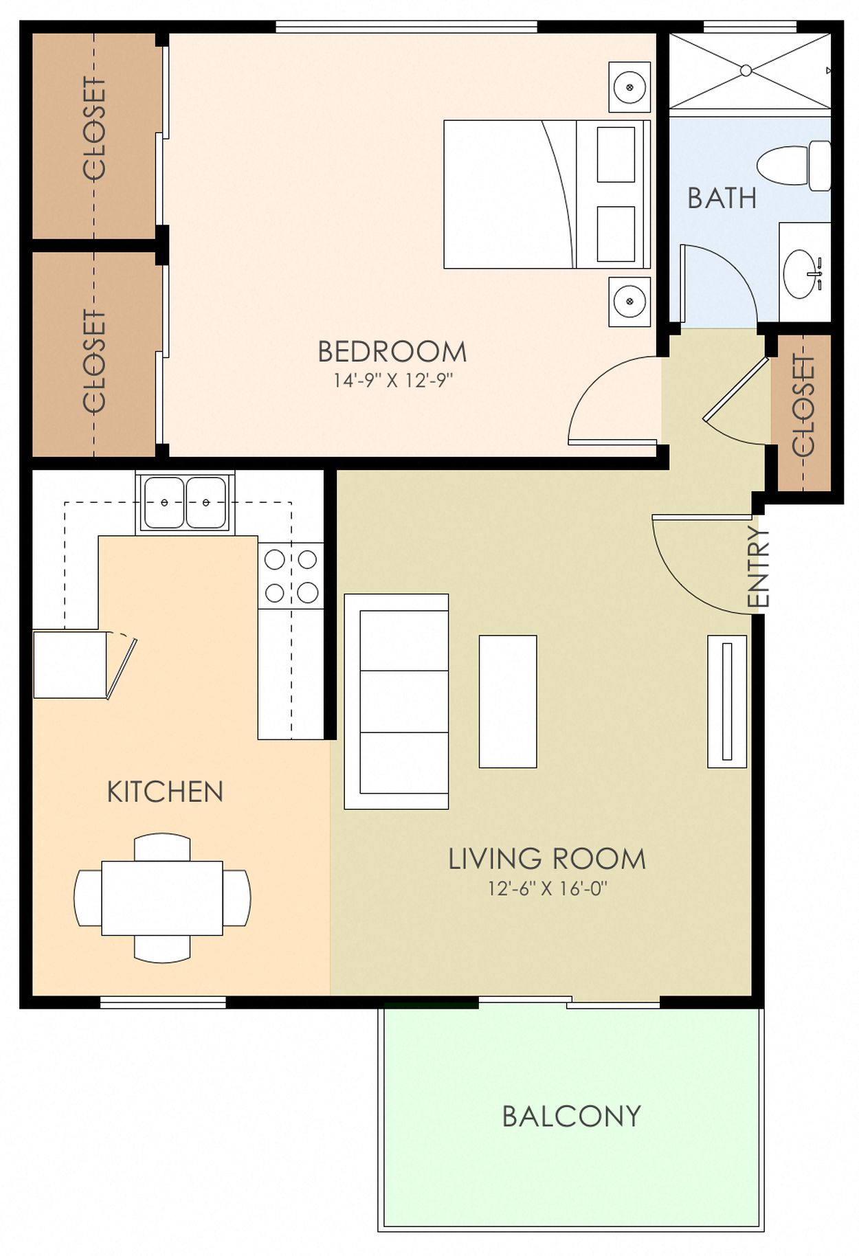 Floor plan for 1 bed, 1 bath, 768 sqft