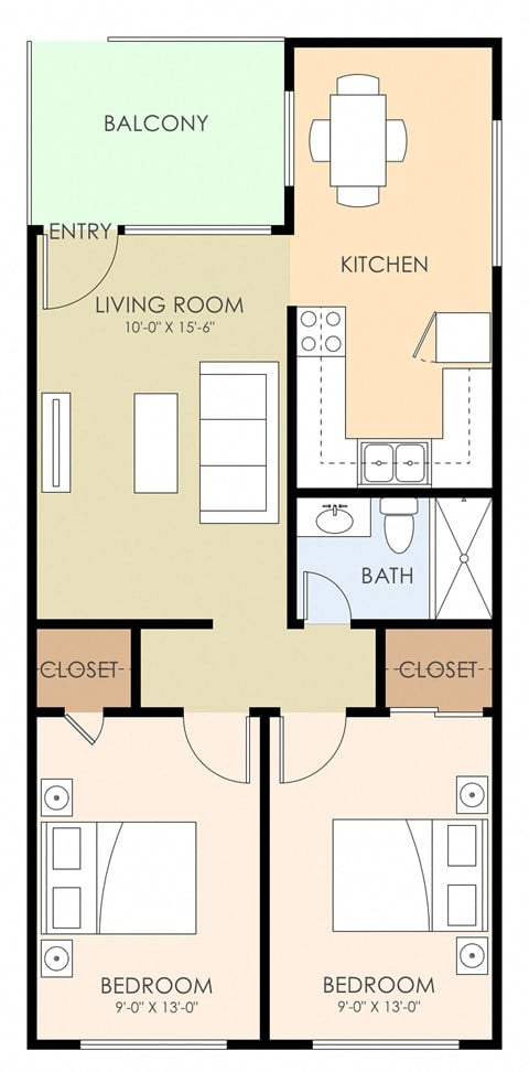 Floor plan for 2 beds, 1 bath, 896 sqft