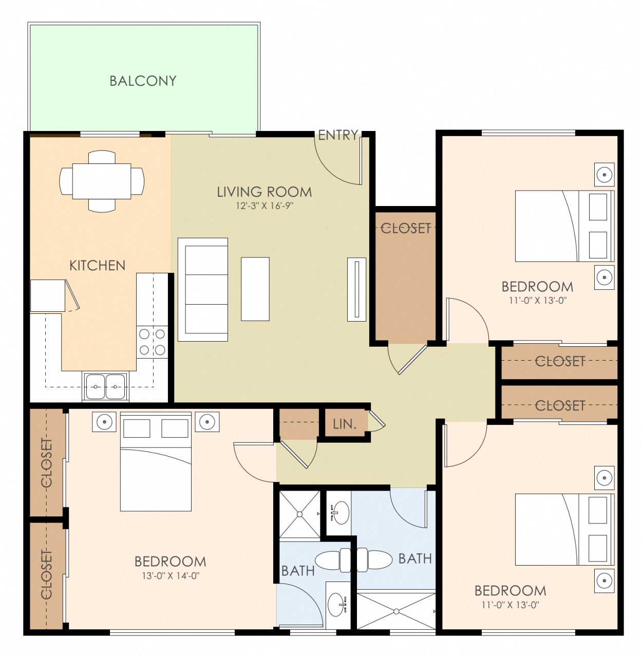 Floor plan for 3 beds, 2 baths, 1216 sqft