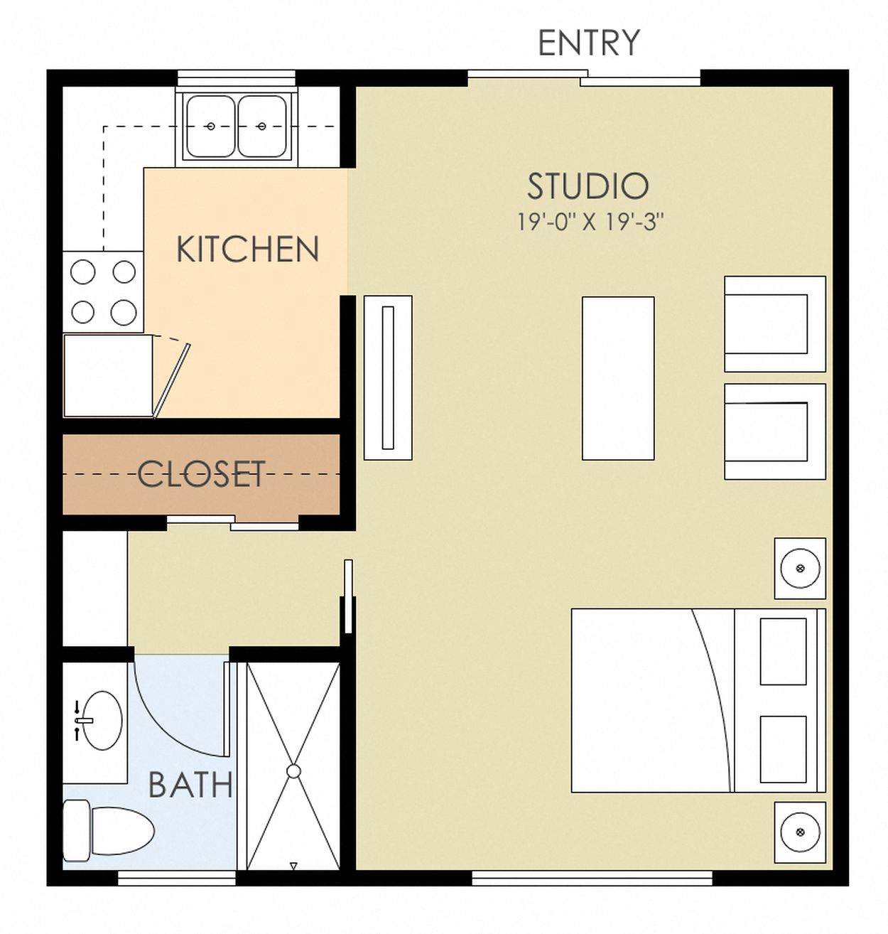 Floor plan for studio, 1 bath, 550 sqft