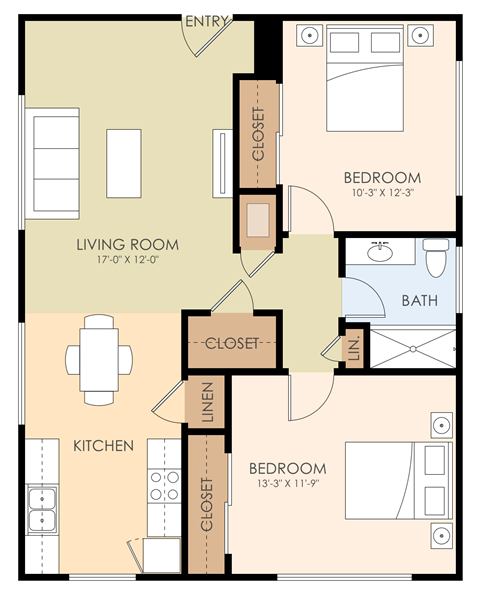 Floor plan for 2 beds, 1 bath, 839 sqft
