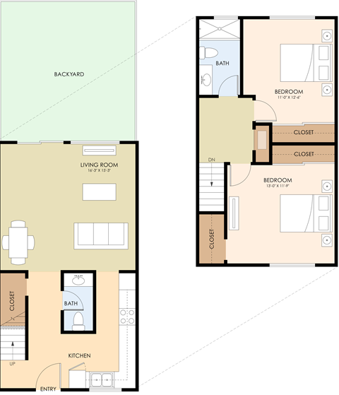 Floor plan for 2 beds, 1.5 baths, 958 sqft