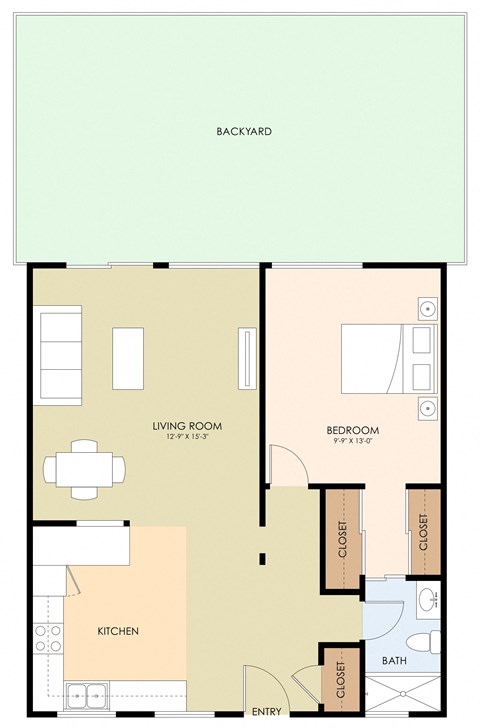 Floor plan for 1 bed, 1 bath, 765 sqft