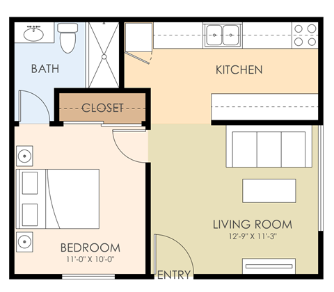 Floor plan for 1 bed, 1 bath, 437 sqft