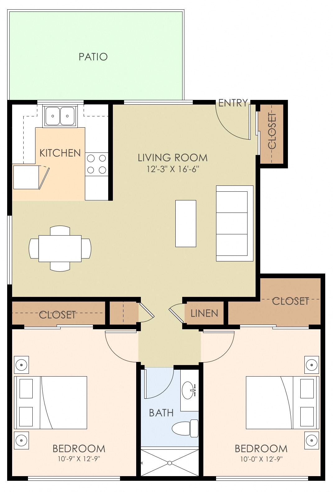 Floor plan for 2 beds, 1 bath, 1097 sqft