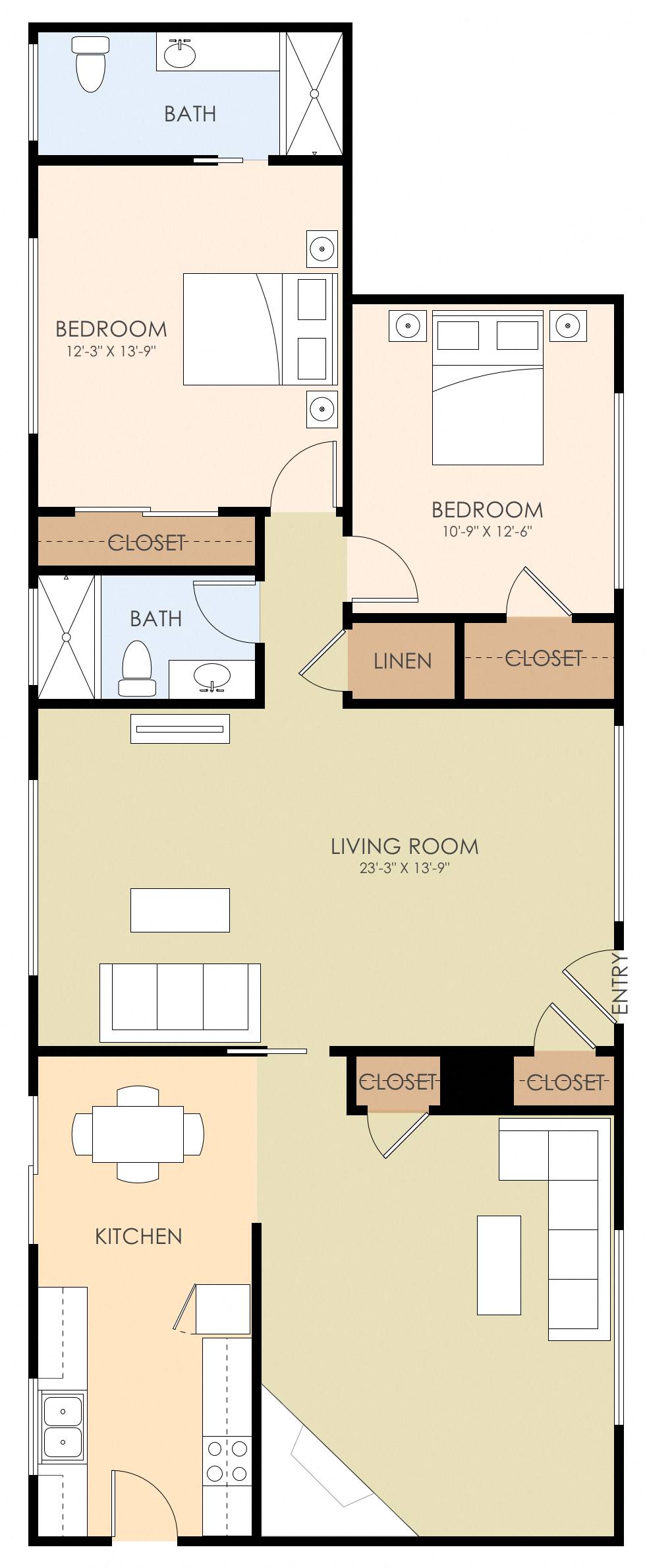 Floor plan for 2 beds, 2 baths, 1297 sqft