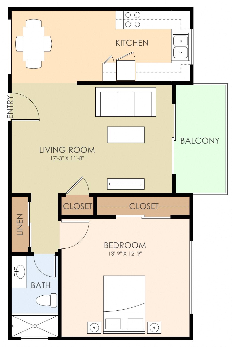 Floor plan for 1 bed, 1 bath, 653 sqft