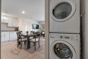 Richardson house for rent - A modern laundry room with a washer and dryer stacked on top of each other.