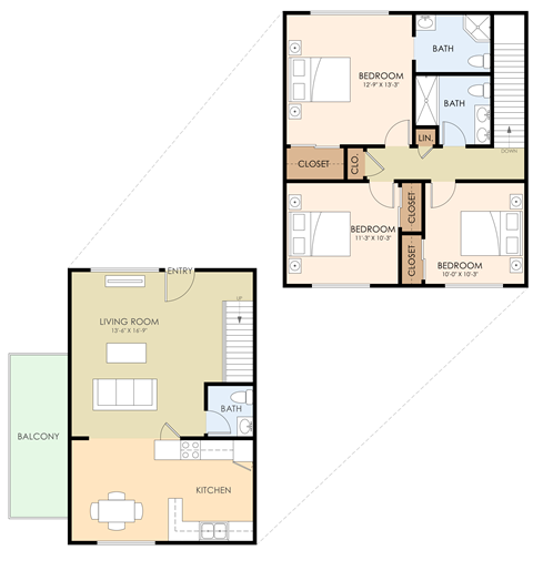 Floor plan for 3 beds, 2.5 baths