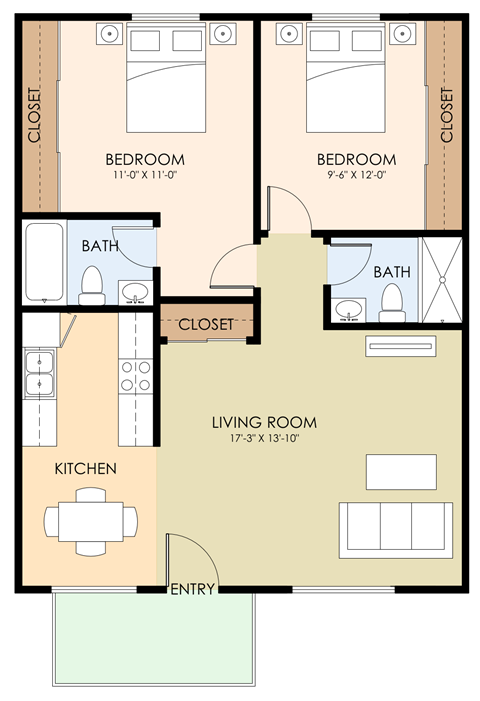 Floor plan for 2 beds, 2 baths, 850 sqft