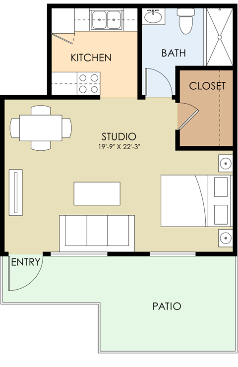 Floor plan for studio, 1 bath, 410 sqft