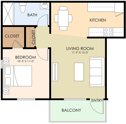 Floor plan for 1 bed, 1 bath, 550 sqft