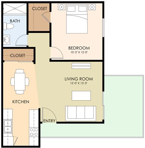 Floor plan for 1 bed, 1 bath, 610 sqft