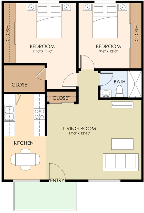 Floor plan for 2 beds, 1 bath, 800 sqft