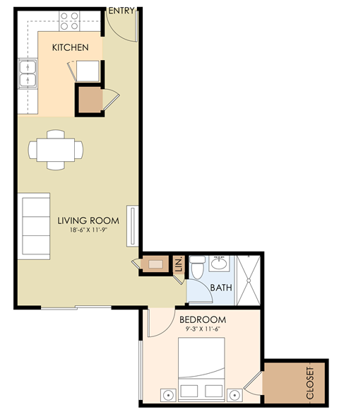 Floor plan for 1 bed, 1 bath, 533 sqft