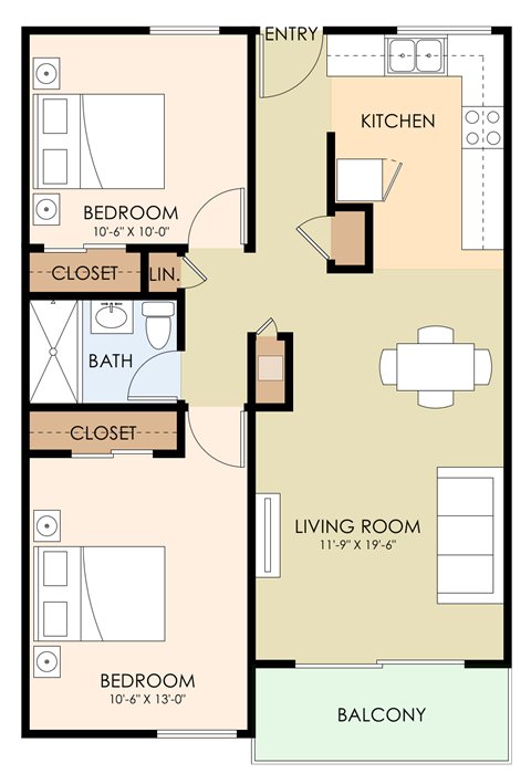 Floor plan for 2 beds, 1 bath, 715 sqft
