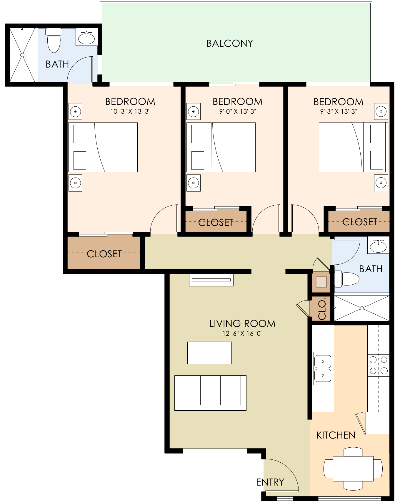 Floor plan for 3 beds, 2 baths, 901 sqft