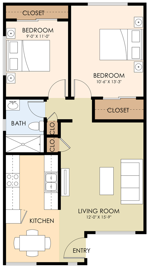 Floor plan for 2 beds, 1 bath, 706 sqft
