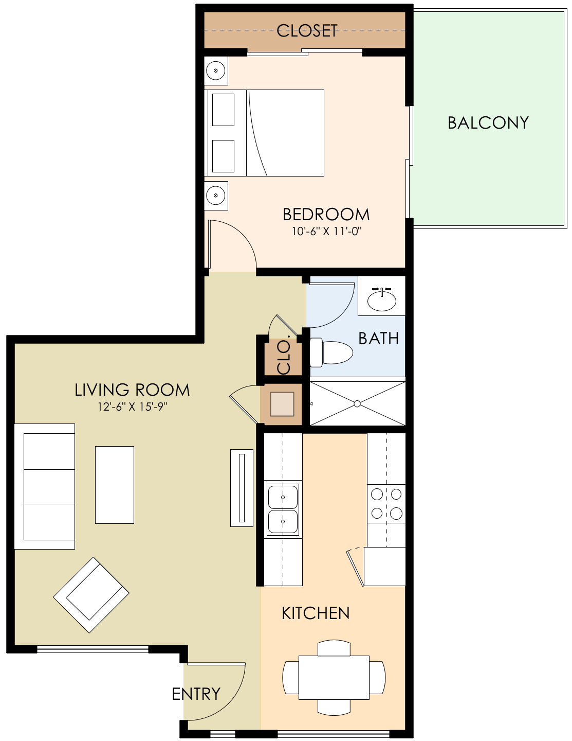 Floor plan for 1 bed, 1 bath, 549 sqft