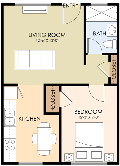 Floor plan for 1 bed, 1 bath, 661 sqft