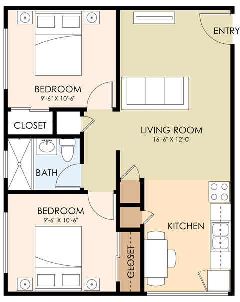 Floor plan for 2 beds, 1 bath, 710 sqft