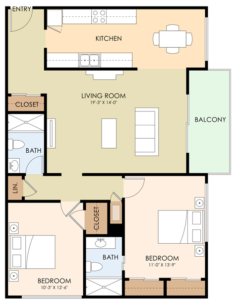 Floor plan for 2 beds, 2 baths, 1002 sqft