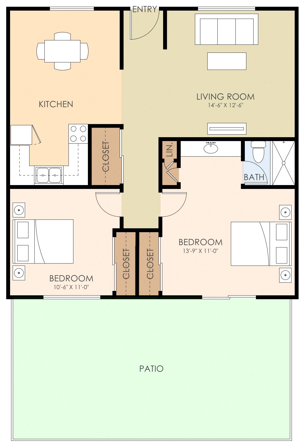 Floor plan for 2 beds, 1 bath, 863 sqft