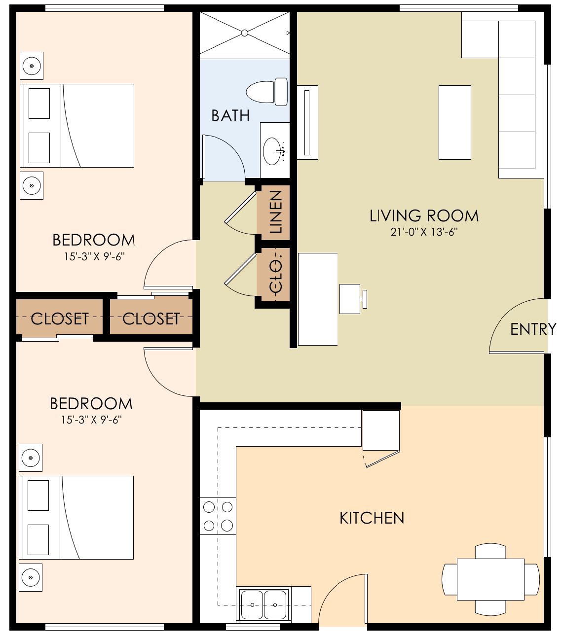Floor plan for 2 beds, 1 bath, 594 sqft