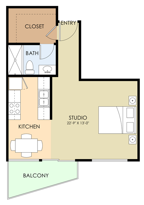 Floor plan for studio, 1 bath, 410 sqft