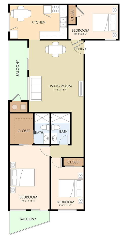 Floor plan for 3 beds, 2 baths, 1015 sqft
