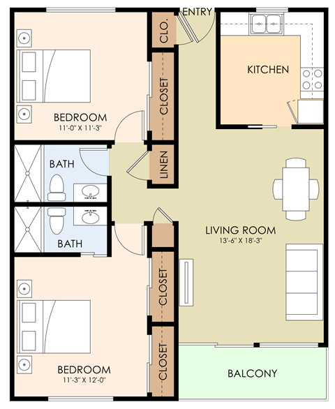 Floor plan for 2 beds, 2 baths