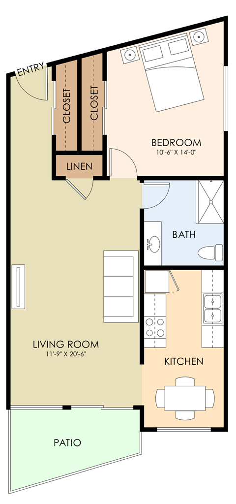 Floor plan for 1 bed, 1 bath