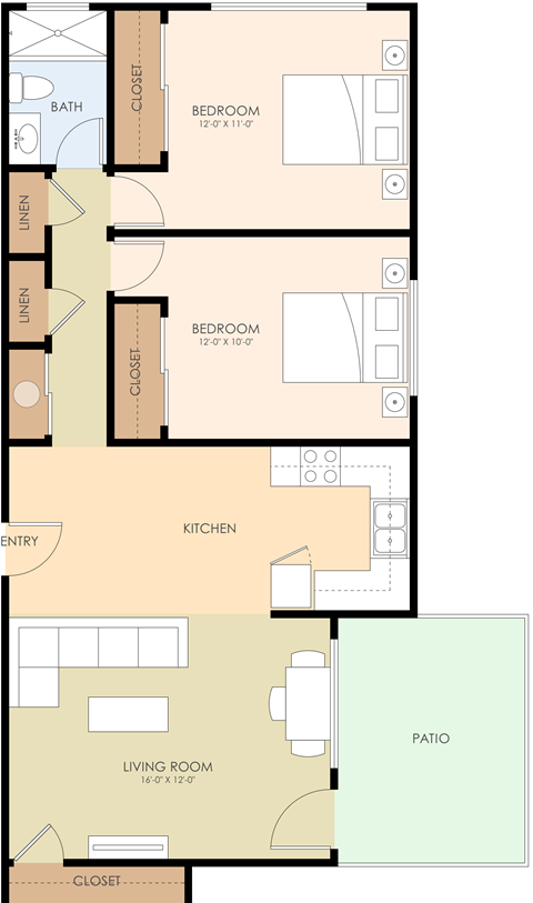 Floor plan for 2 beds, 1 bath, 825 sqft