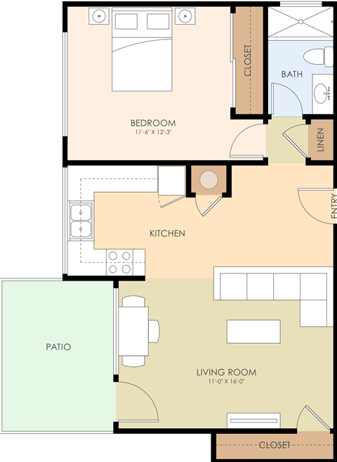 Floor plan for 1 bed, 1 bath, 630 sqft