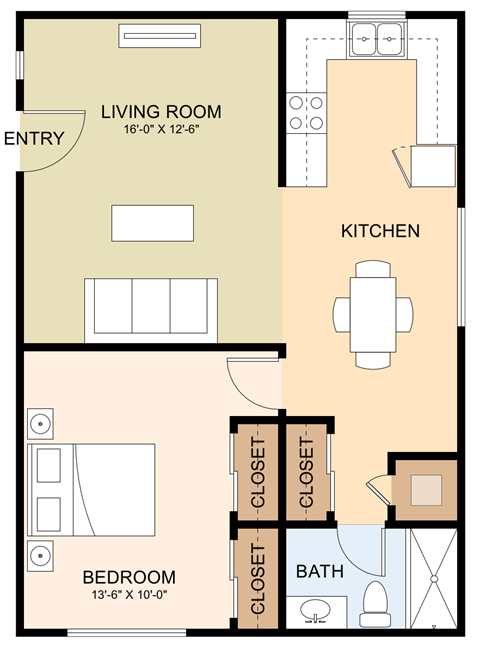Floor plan for 1 bed, 1 bath, 655 sqft