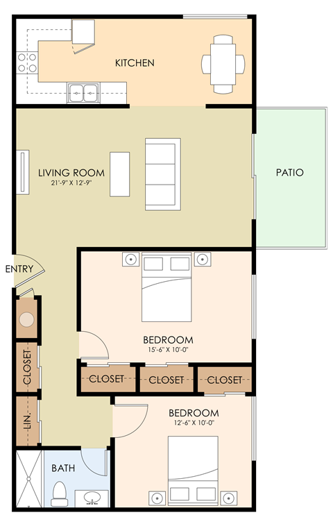 Floor plan for 2 beds, 1 bath, 968 sqft