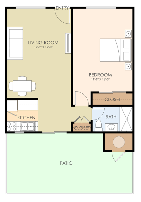 Floor plan for 1 bed, 1 bath, 627 sqft