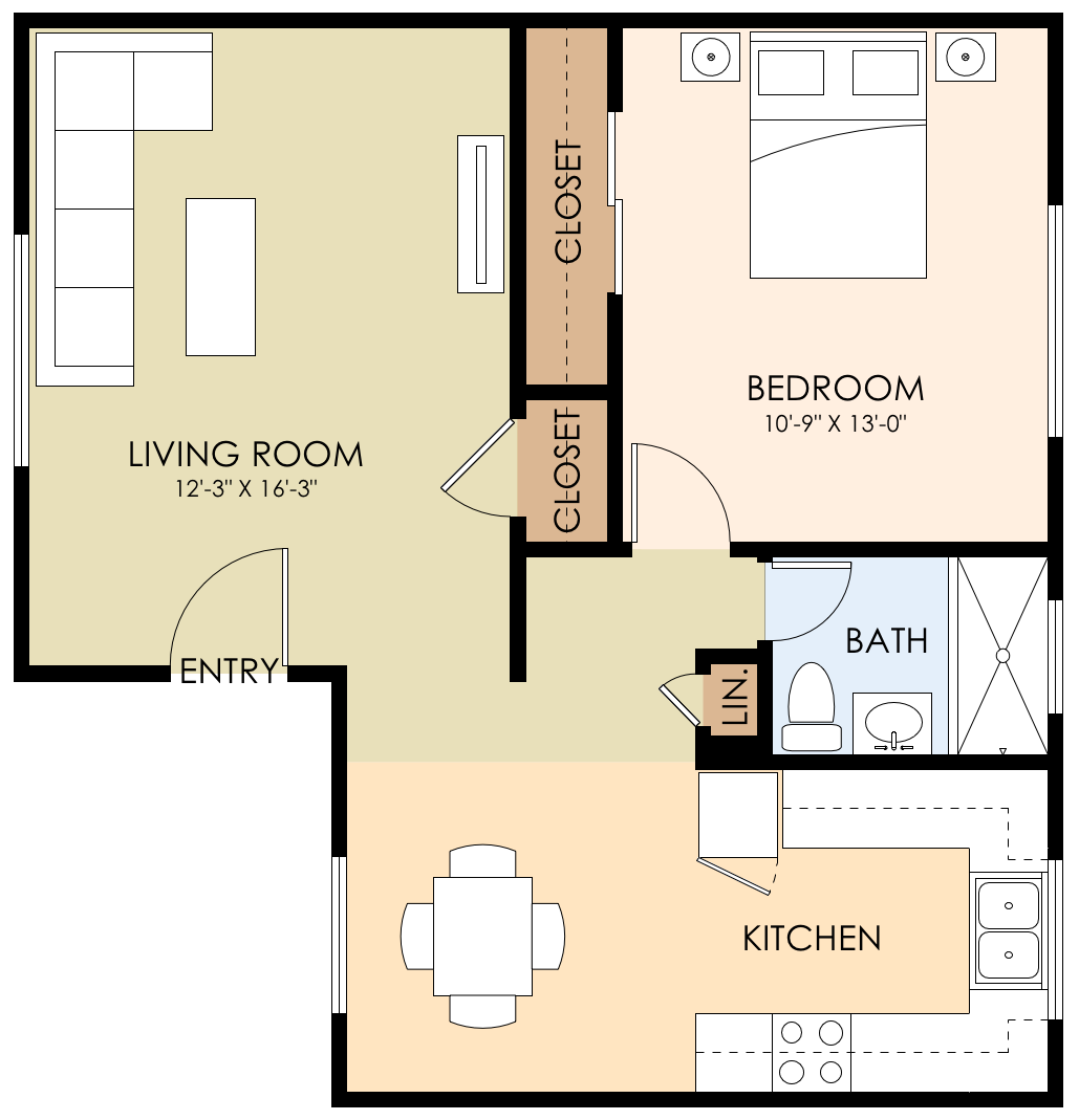 Floor plan for 1 bed, 1 bath, 614 sqft