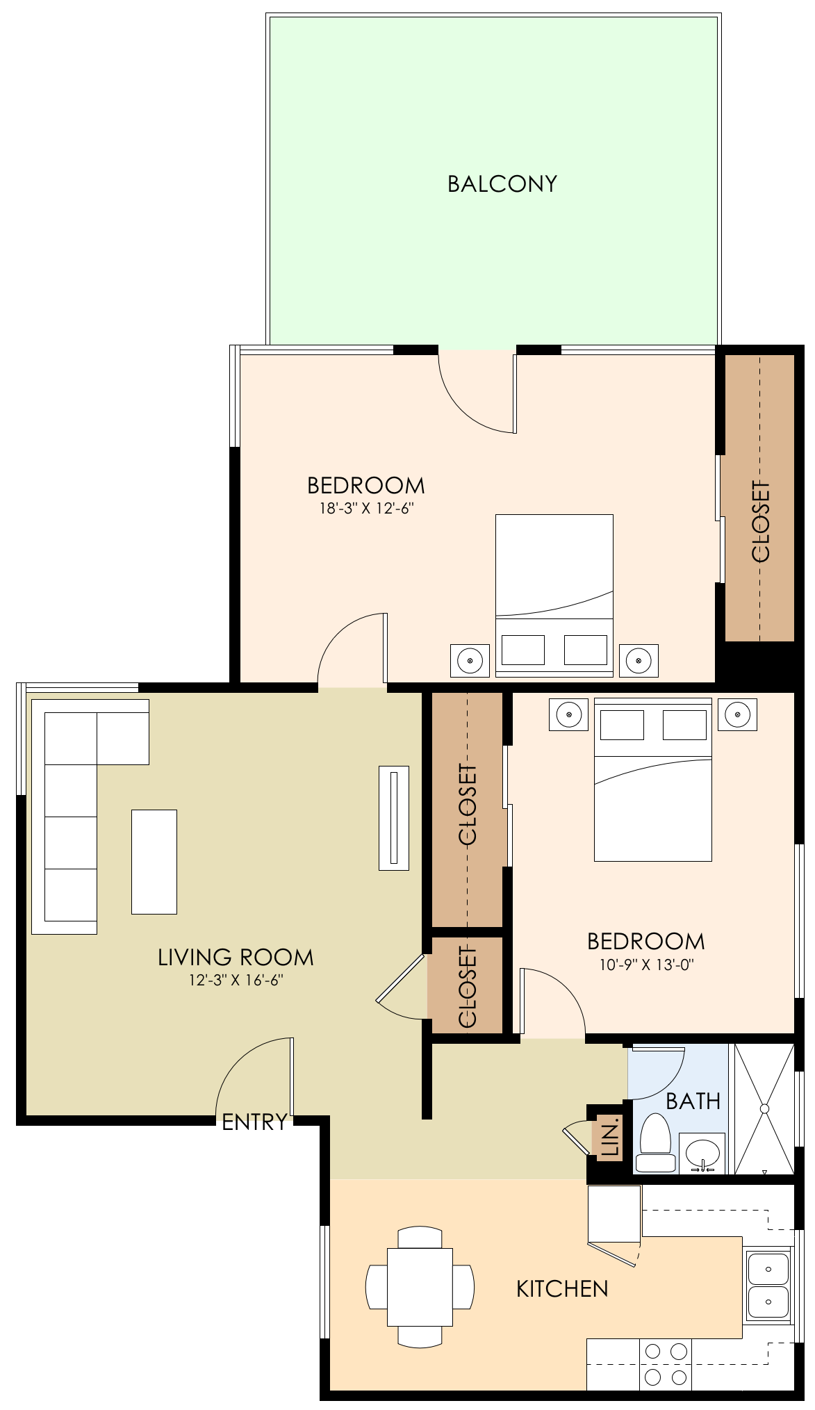 Floor plan for 2 beds, 1 bath, 973 sqft