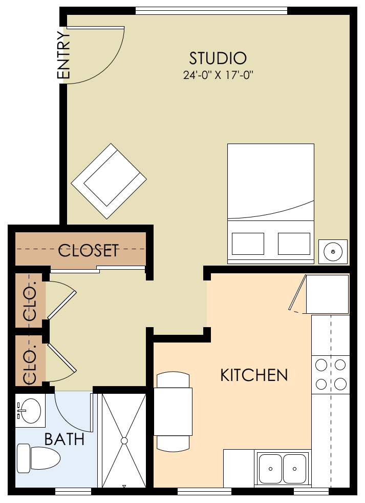 Floor plan for studio, 1 bath, 399 sqft