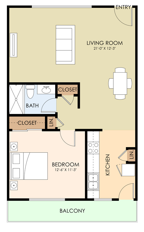 Floor plan for 1 bed, 1 bath, 667 sqft
